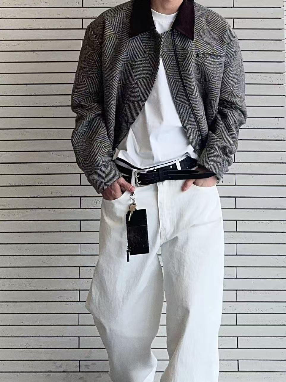 Corduroy-panelled wool plaid cropped jacket