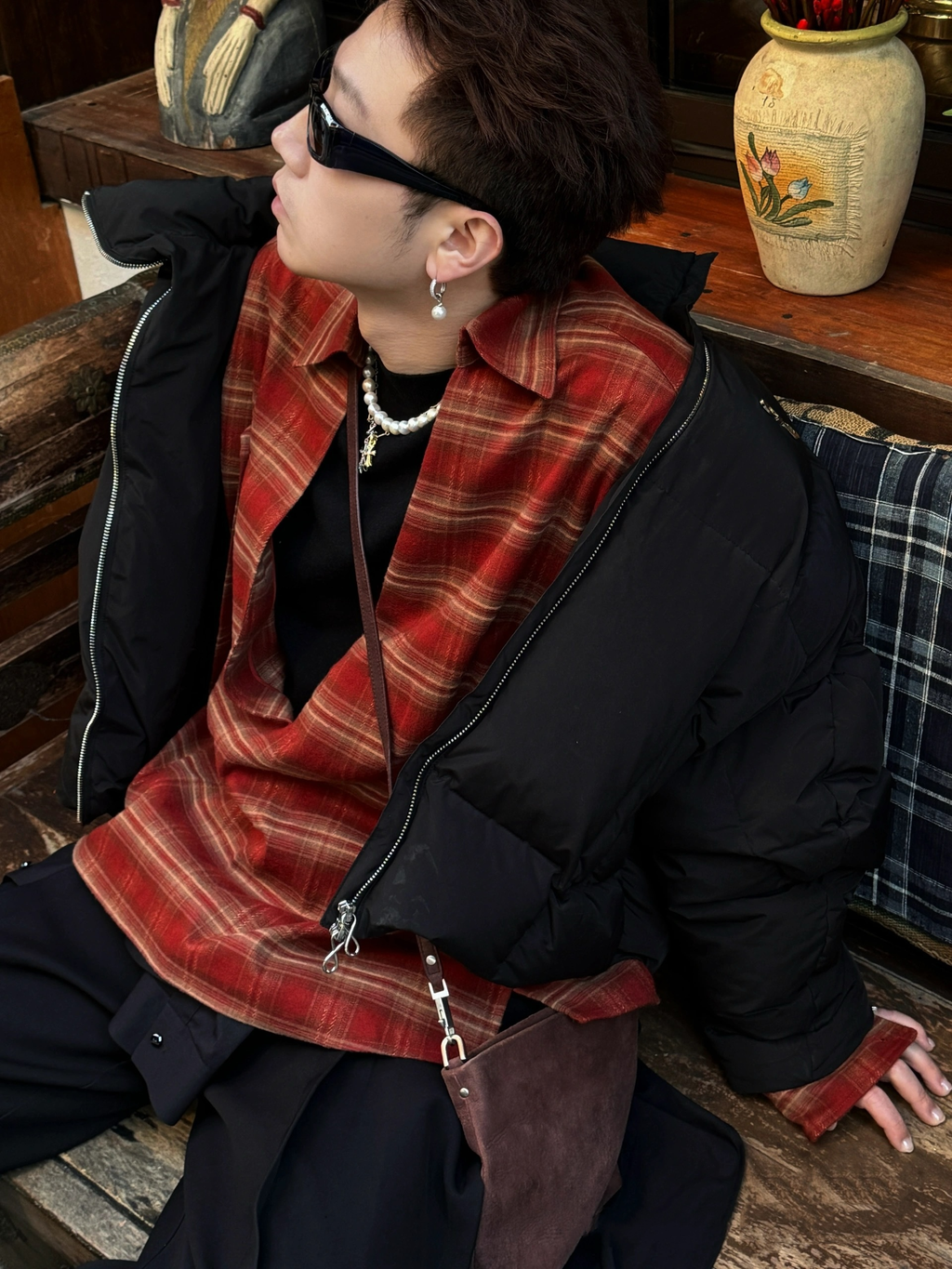 V-neck plaid shirt