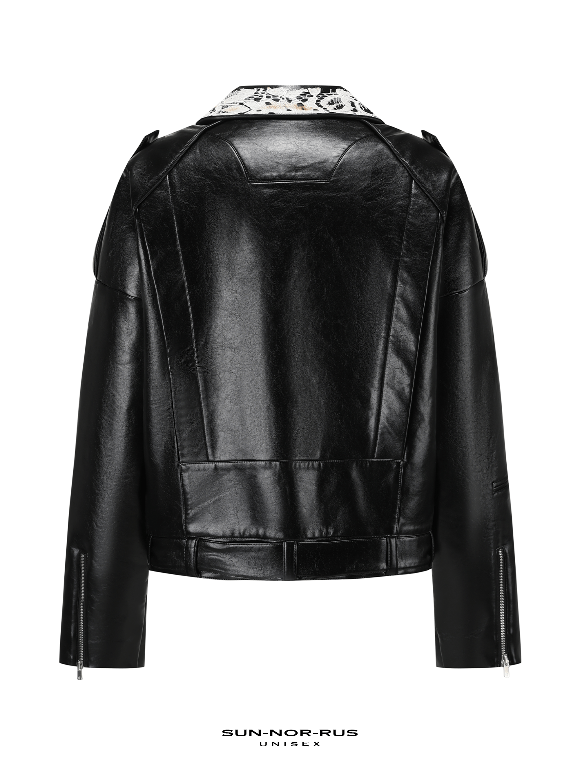 Lace-panelled leather biker jacket