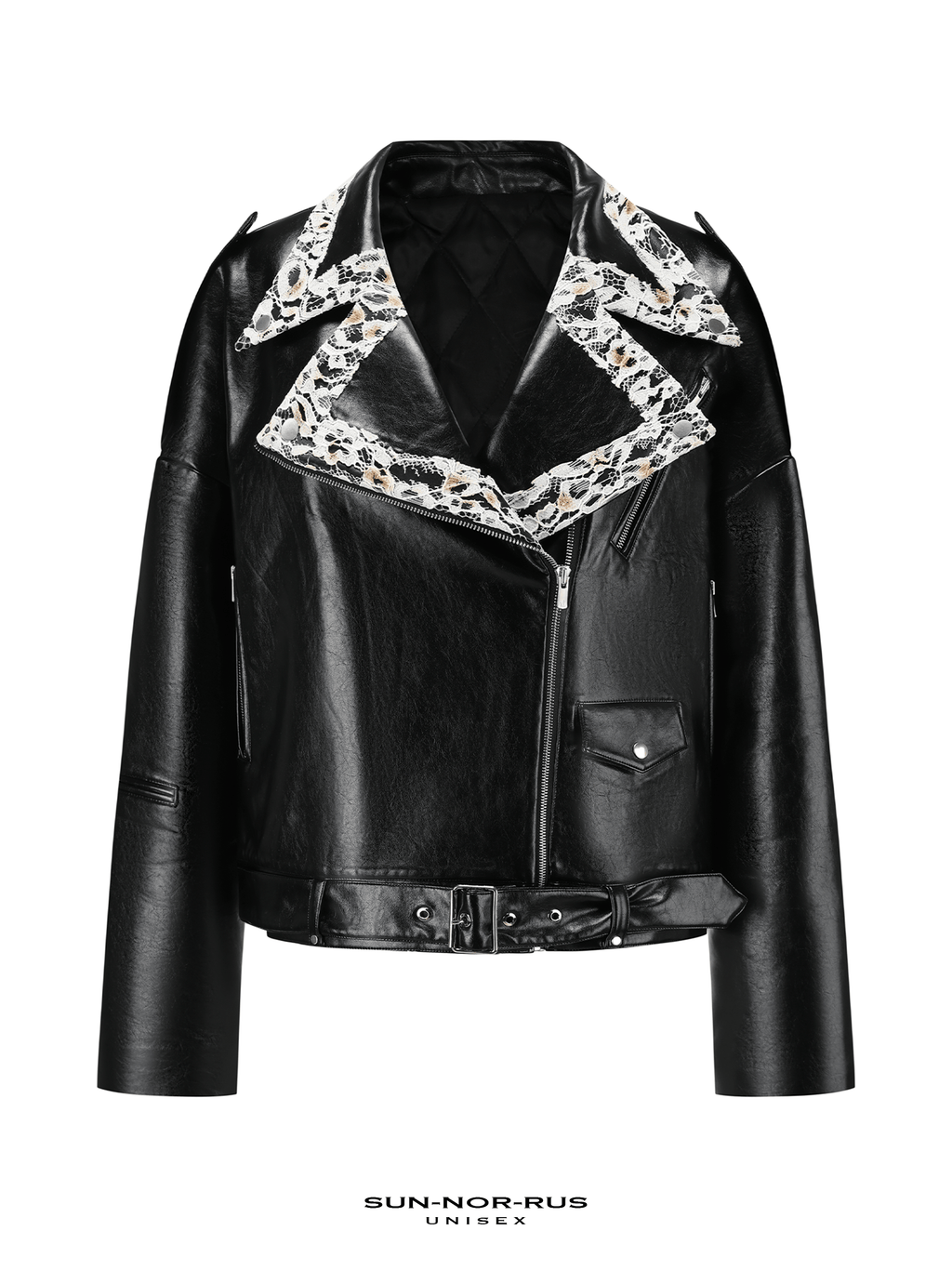 Lace-panelled leather biker jacket