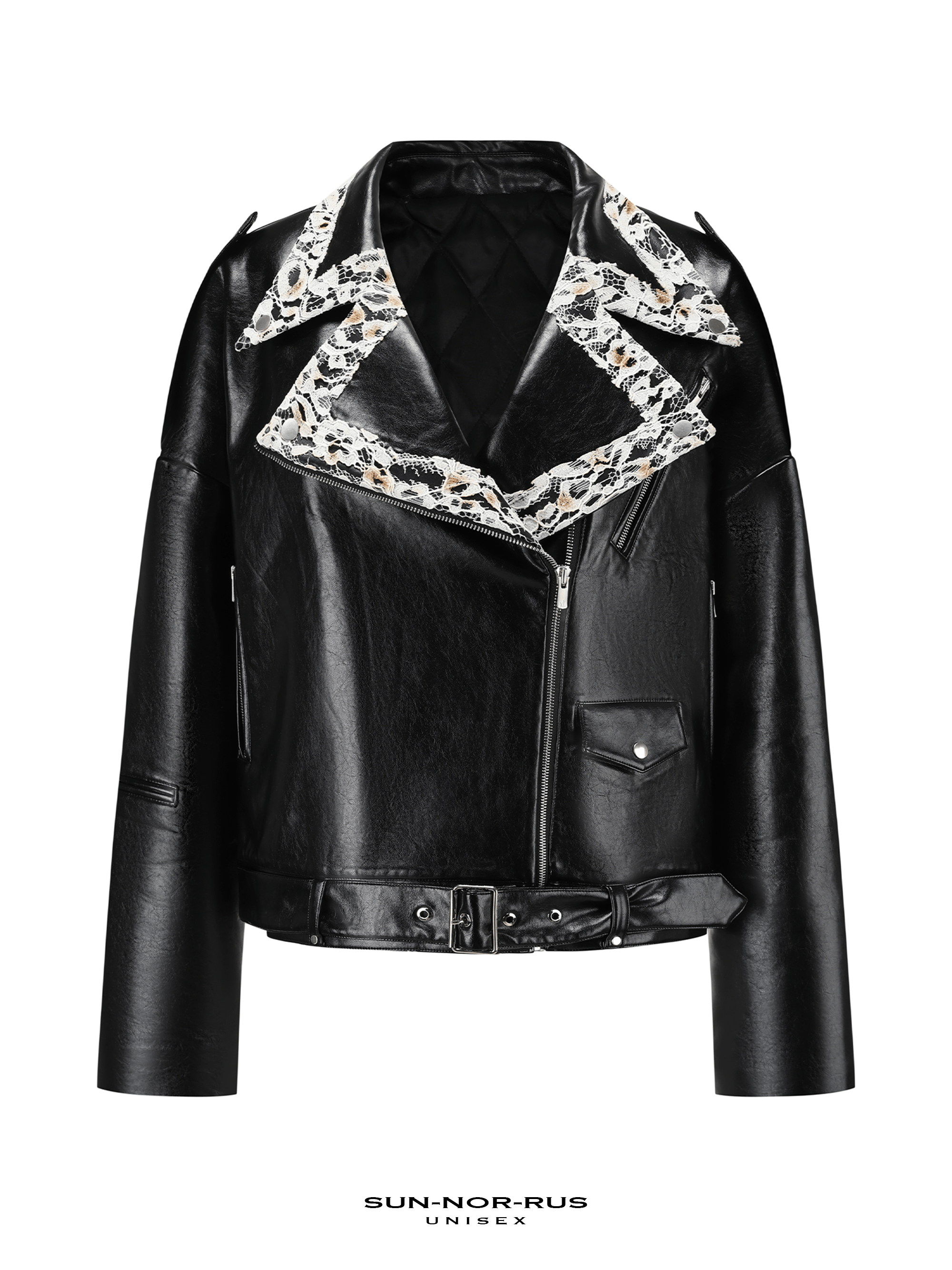 Lace-panelled leather biker jacket