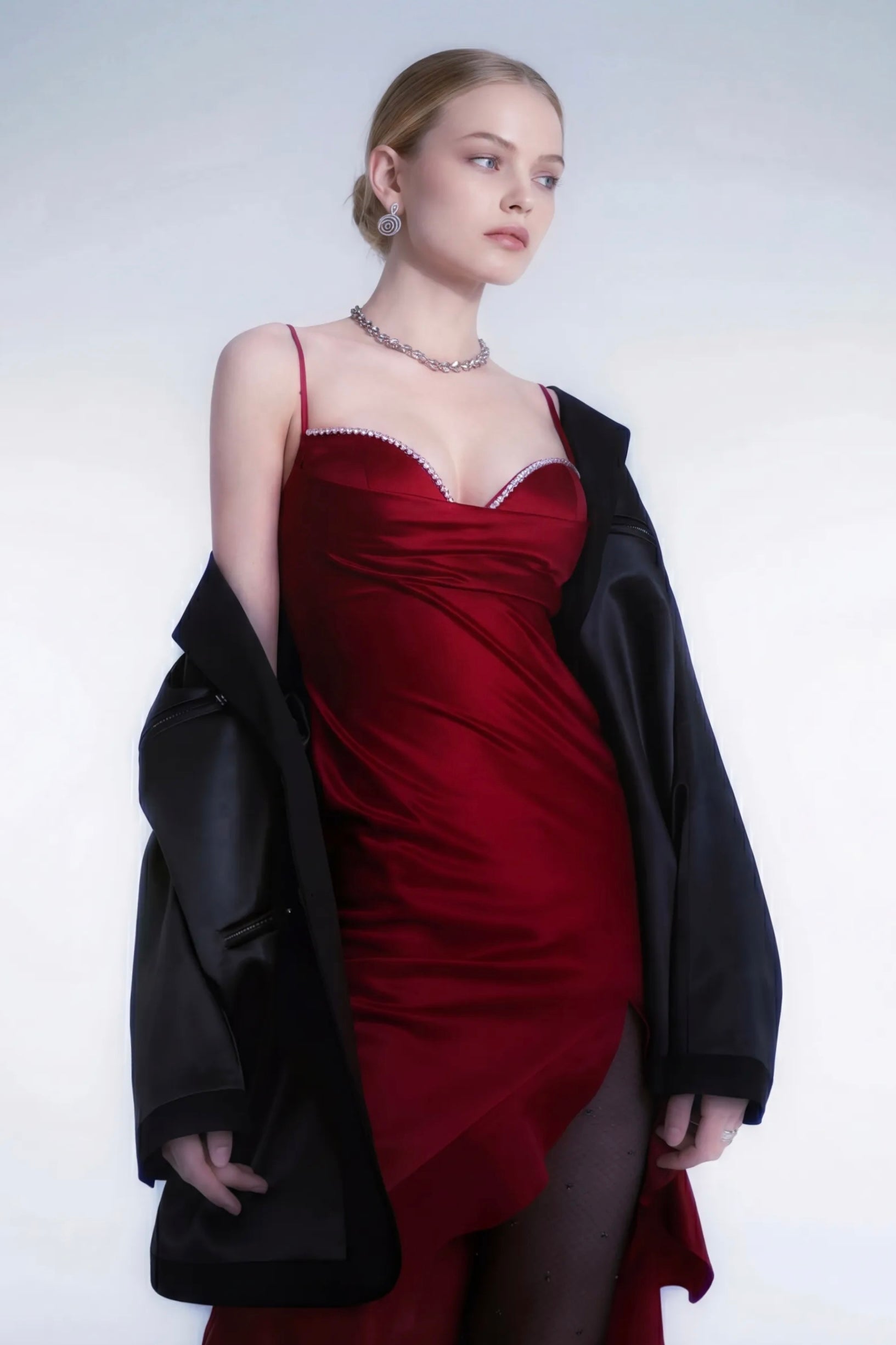 Red satin slit dress