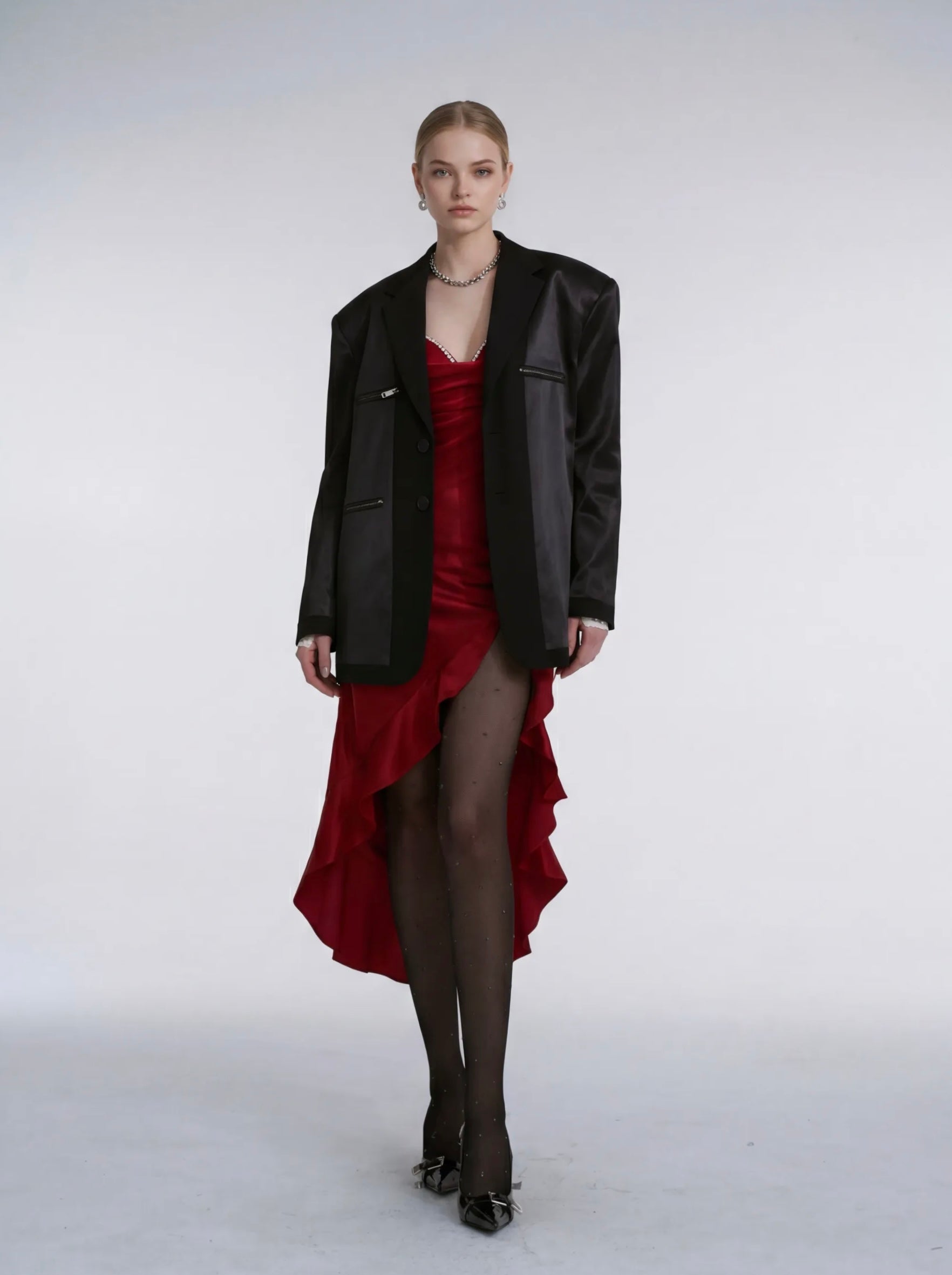 Red satin slit dress