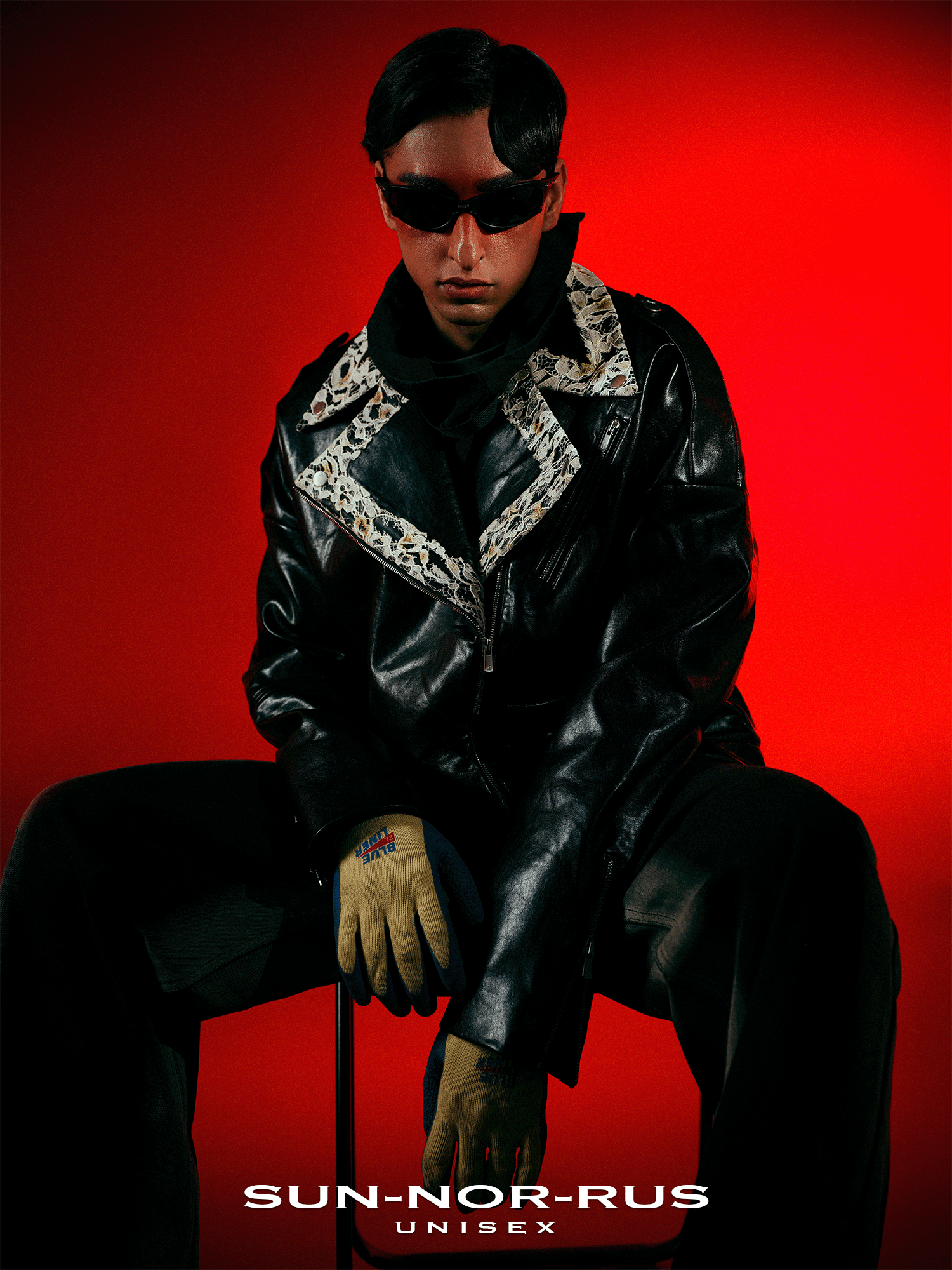 Lace-panelled leather biker jacket