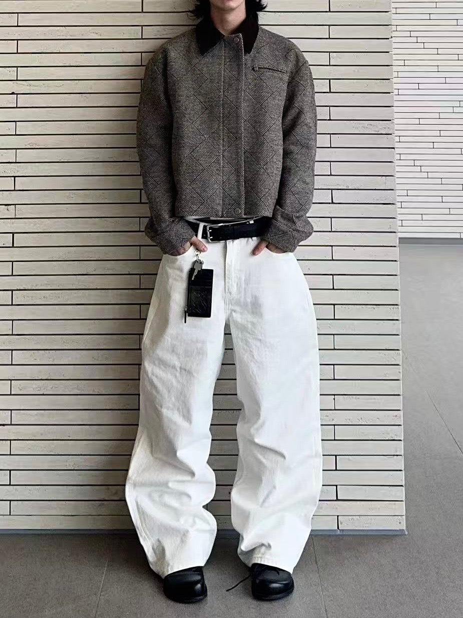 Corduroy-panelled wool plaid cropped jacket