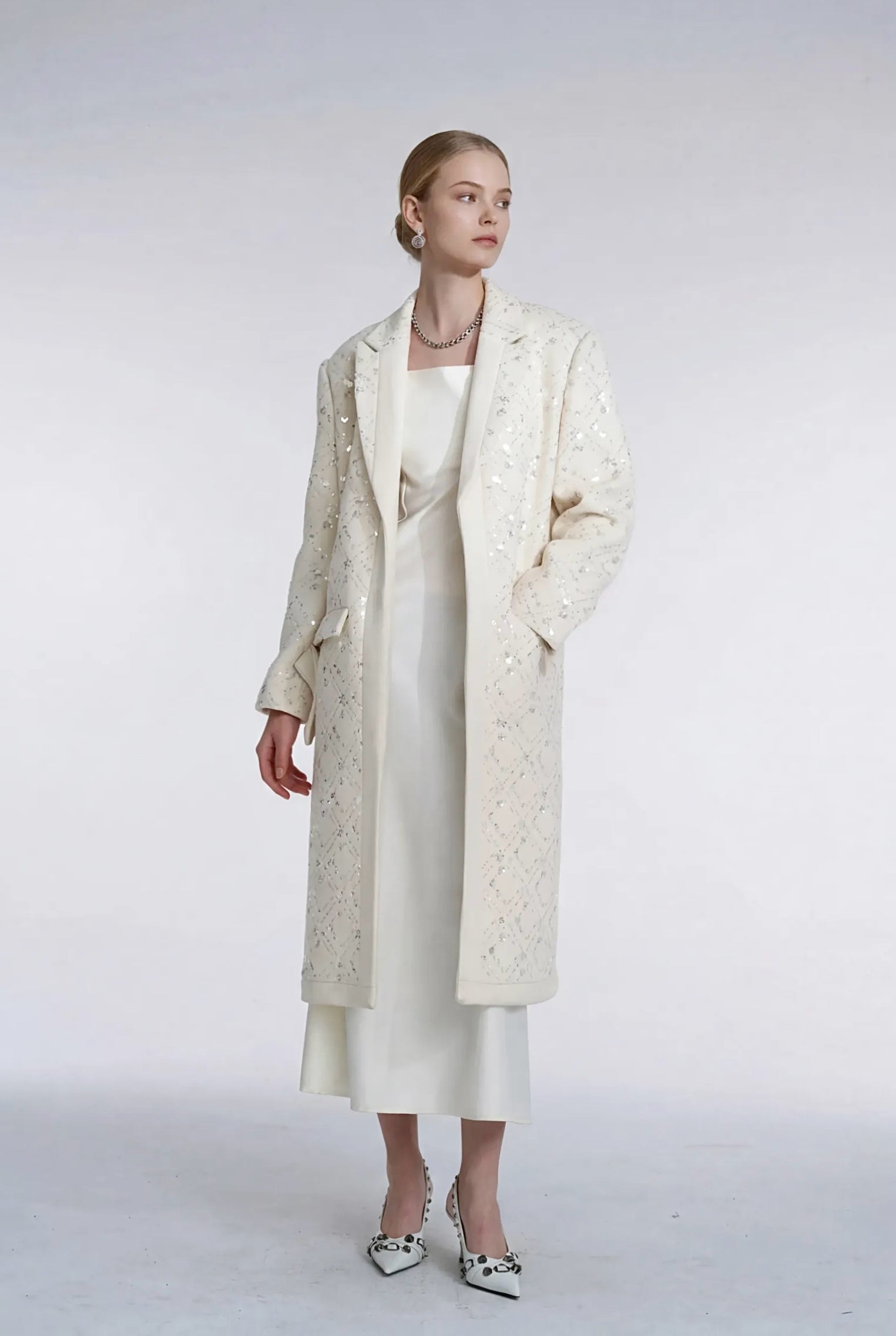 White embroidered wool coat