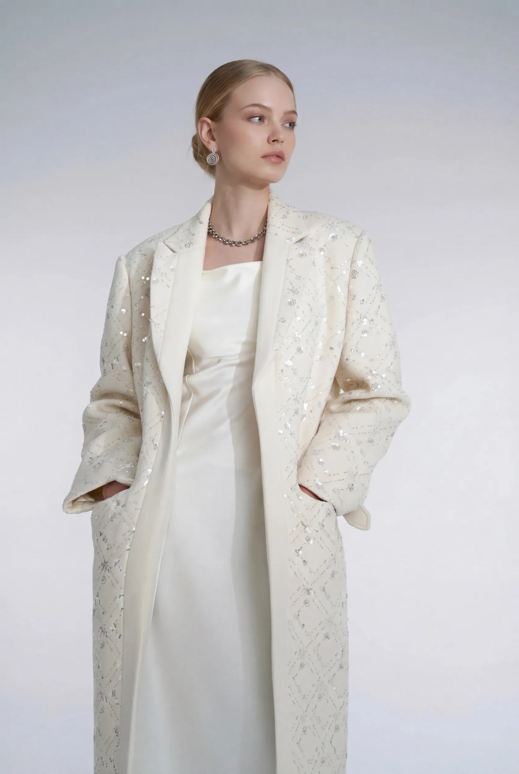 White embroidered wool coat