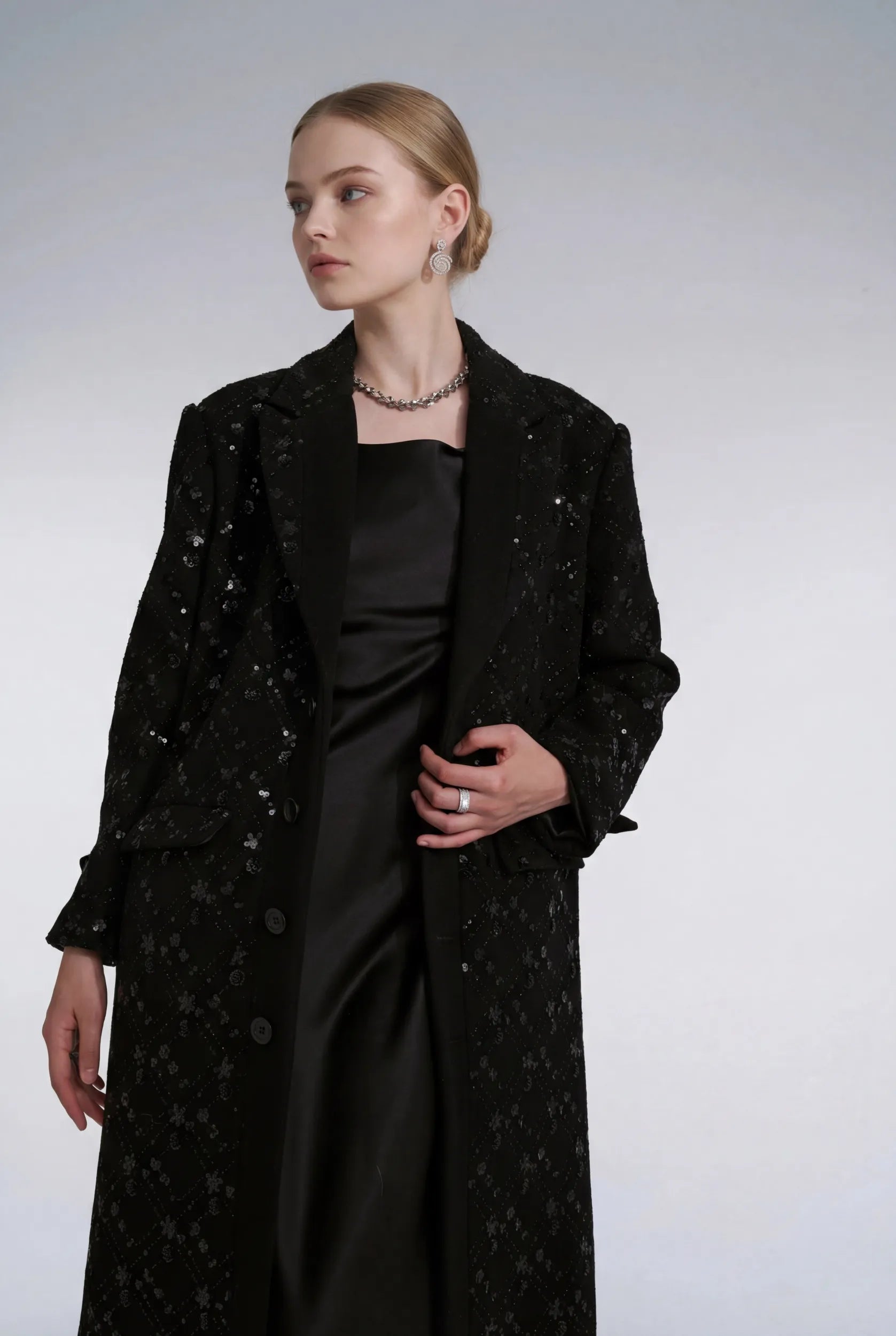 Black embroidered wool coat