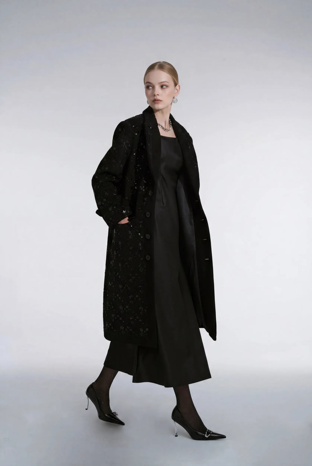 Black embroidered wool coat